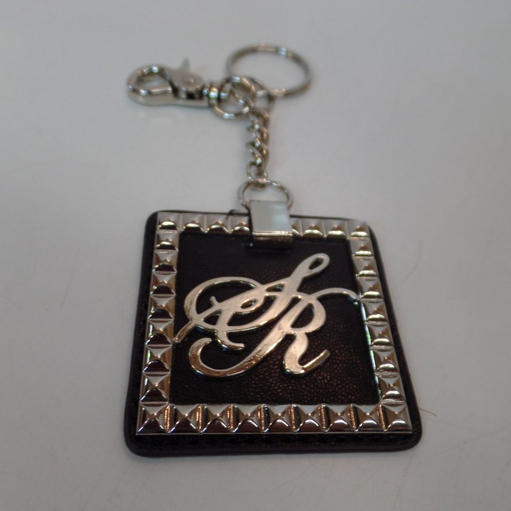Interesting Key Ring Personalized "S R" Black and Silvertone Studded Detailing